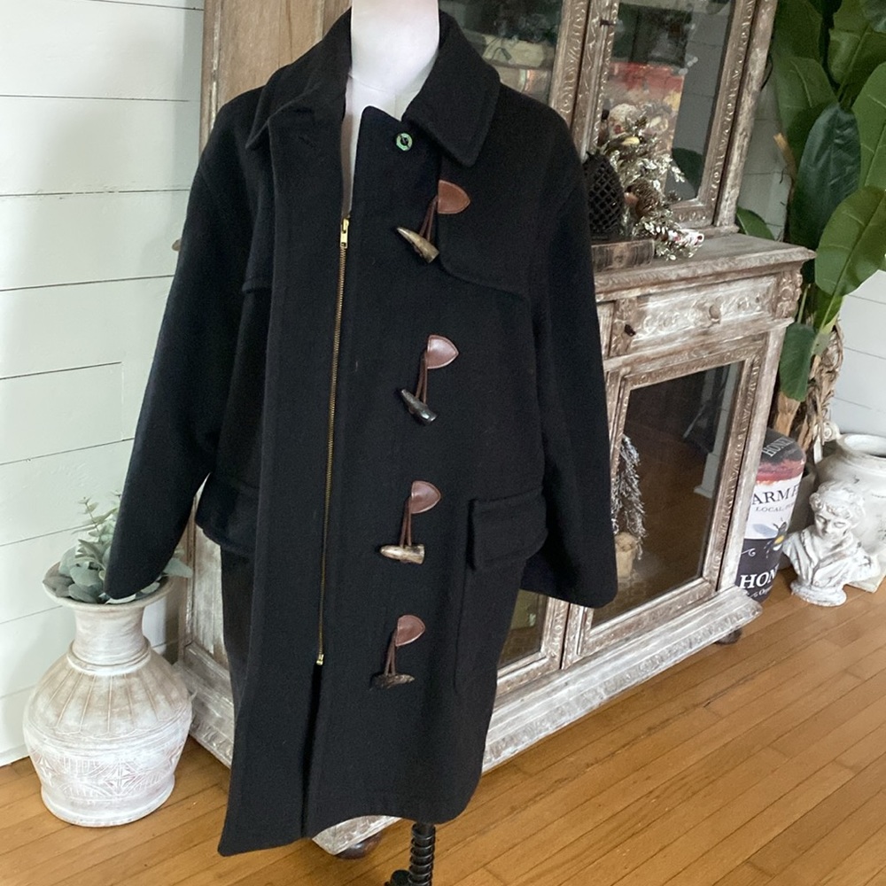 BURBERRY'S LUXURY BLACK WOOL COAT JACKET TOGGLE LARGE MADE IN USA - Picture 7 of 13